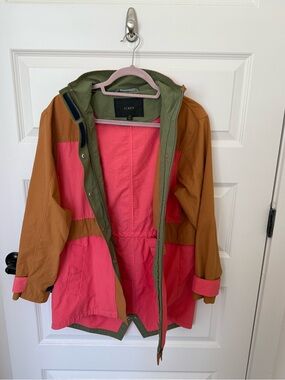 J. Crew Colorblock Hooded Rain Jacket in Pink & Brown